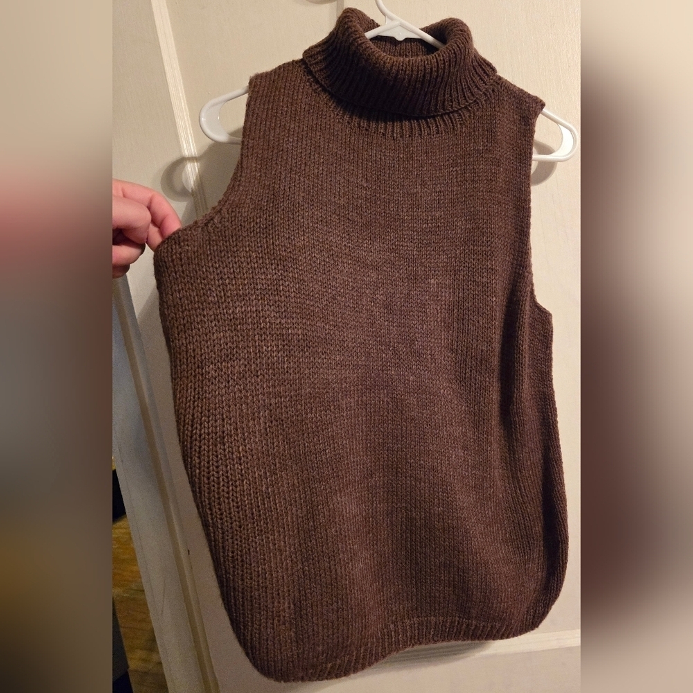 NWOT | Hand Knit Sleeveless Sweater Turtleneck Tank Top | Color: Chocolate Brown - Picture 4 of 12